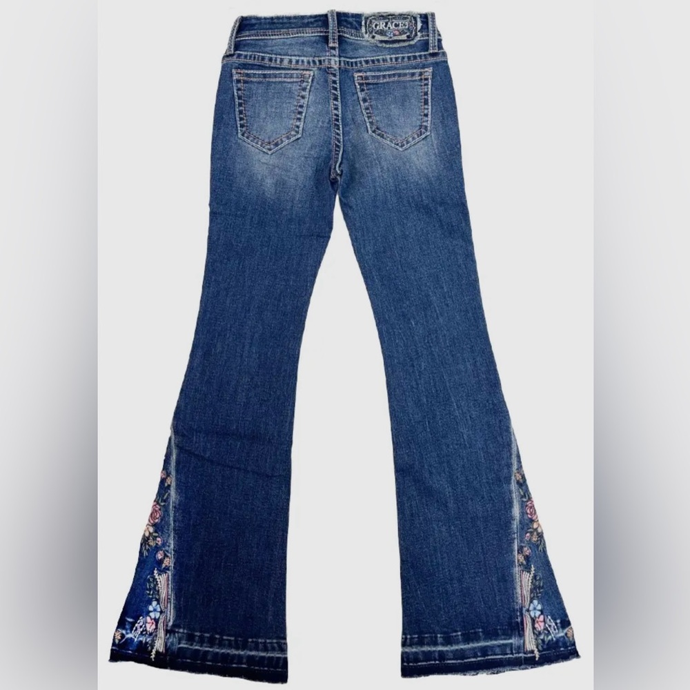 GRACE IN LA | Butterflies/floral embroidery raw hem flare jeans #GL-61881 - Picture 7 of 8